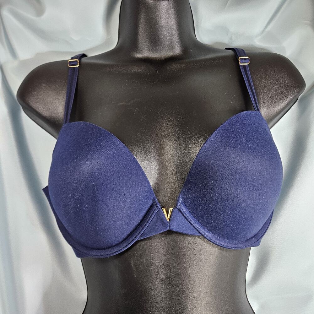 Victoria’s Secret Push Up Bra 34D Navy Strappy Back Gold V Logo Padded